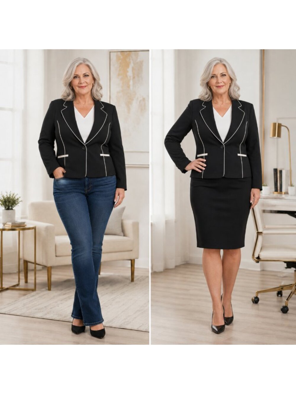 Nine West Black & Ivory Contrast Piping Blazer Size 16